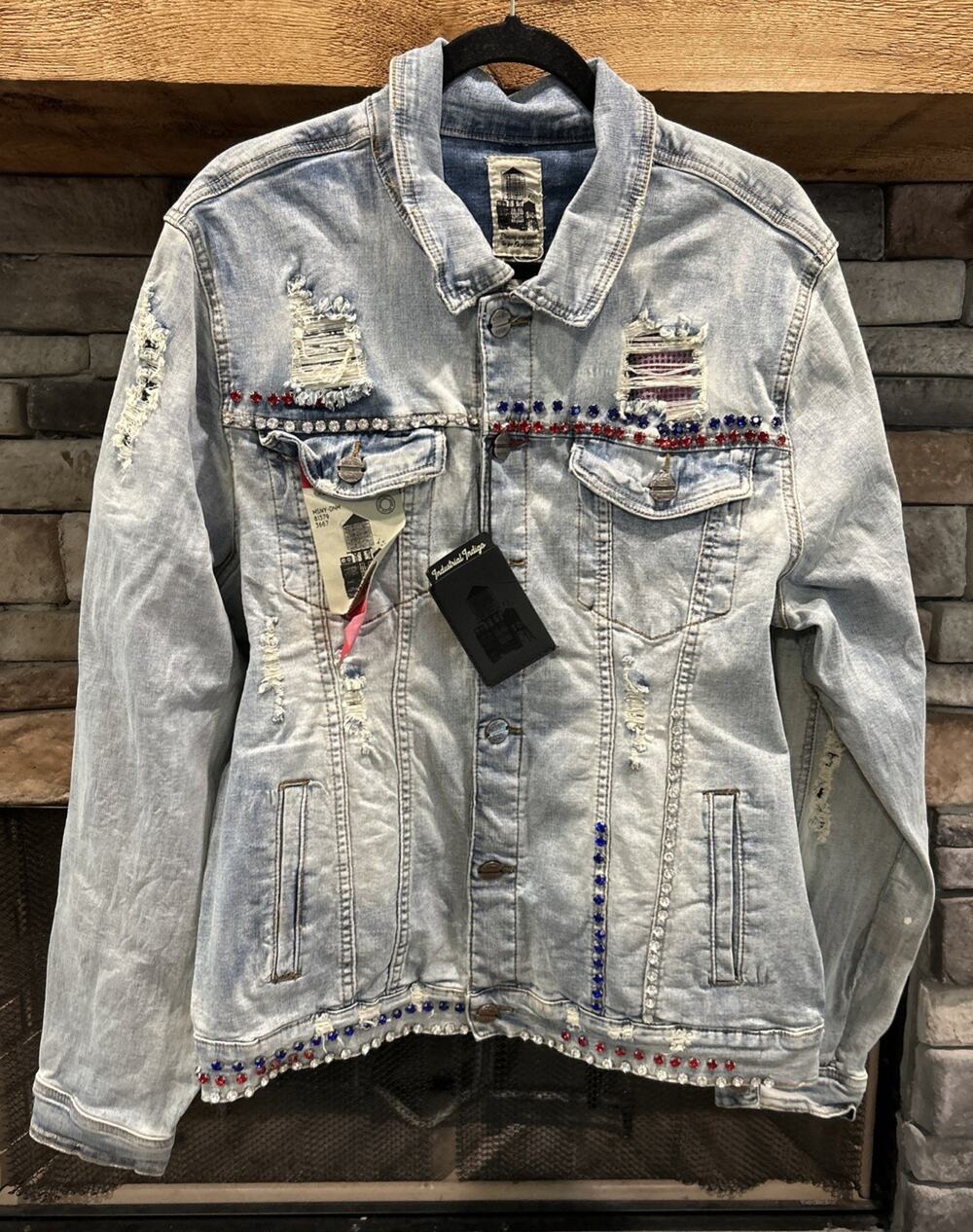 Men’s INDUSTRIAL INDIGO Light Wash DenimDistressed Jacket Size XL NWT *A5